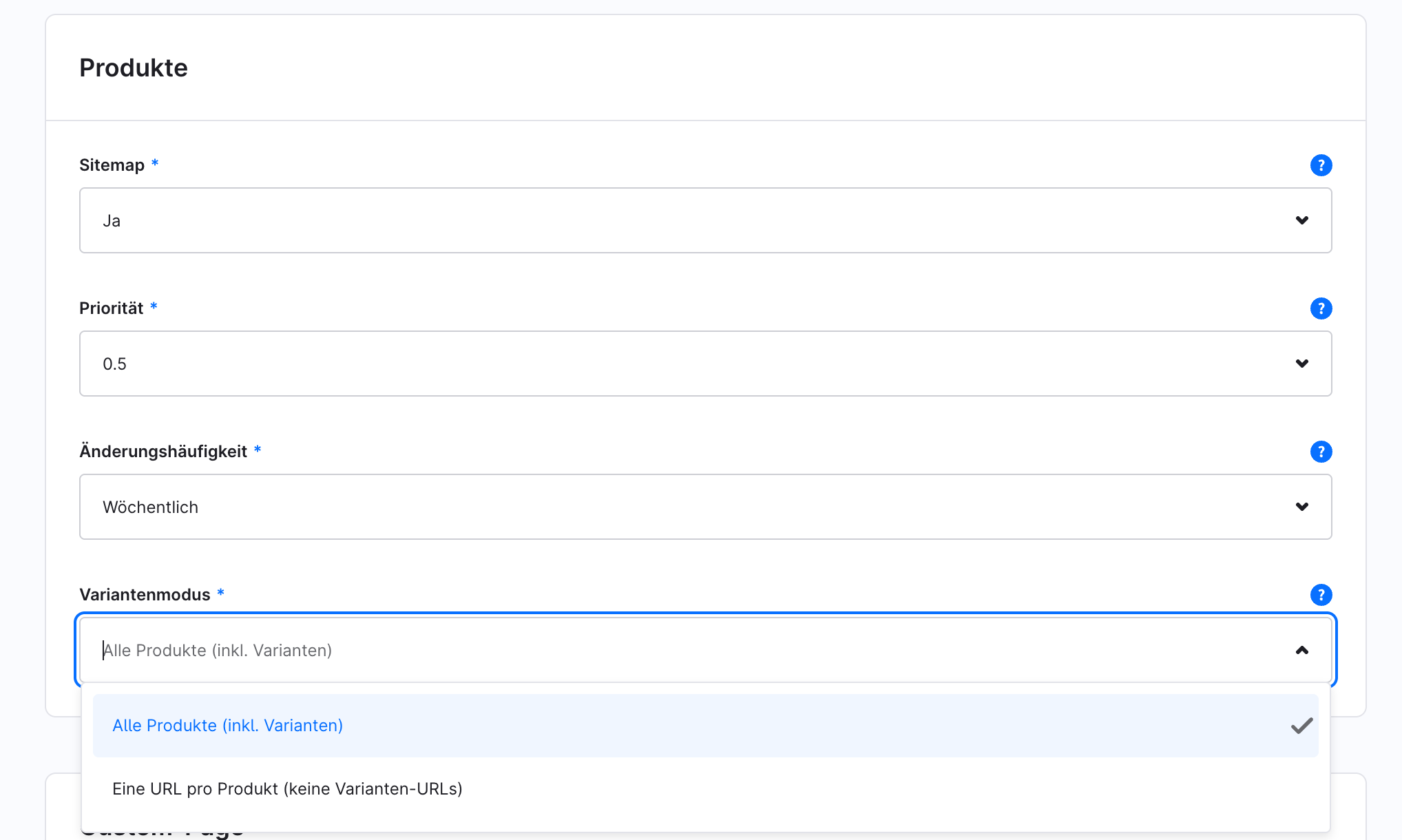 Keuze van de variantmodus in de pluginconfiguratie: alle producten inclusief varianten of één URL per product