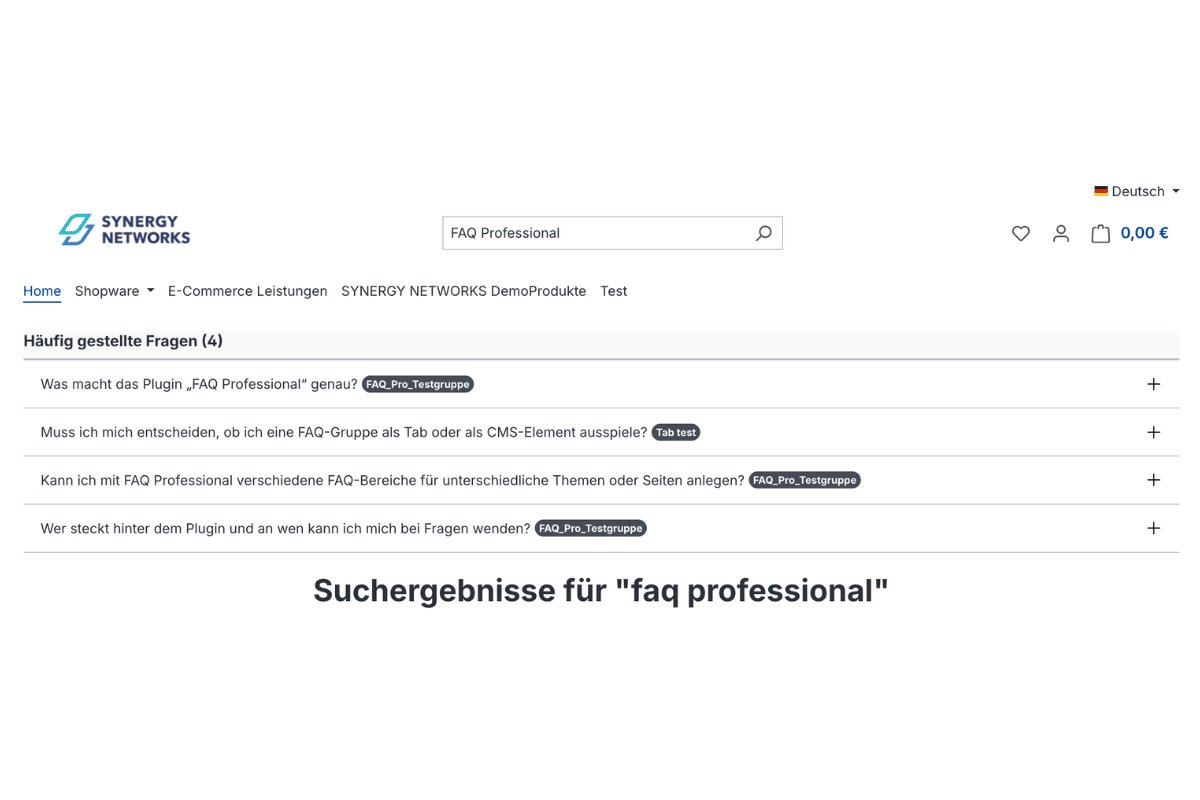 FAQ-resultaten in de zoekfunctie van de shop