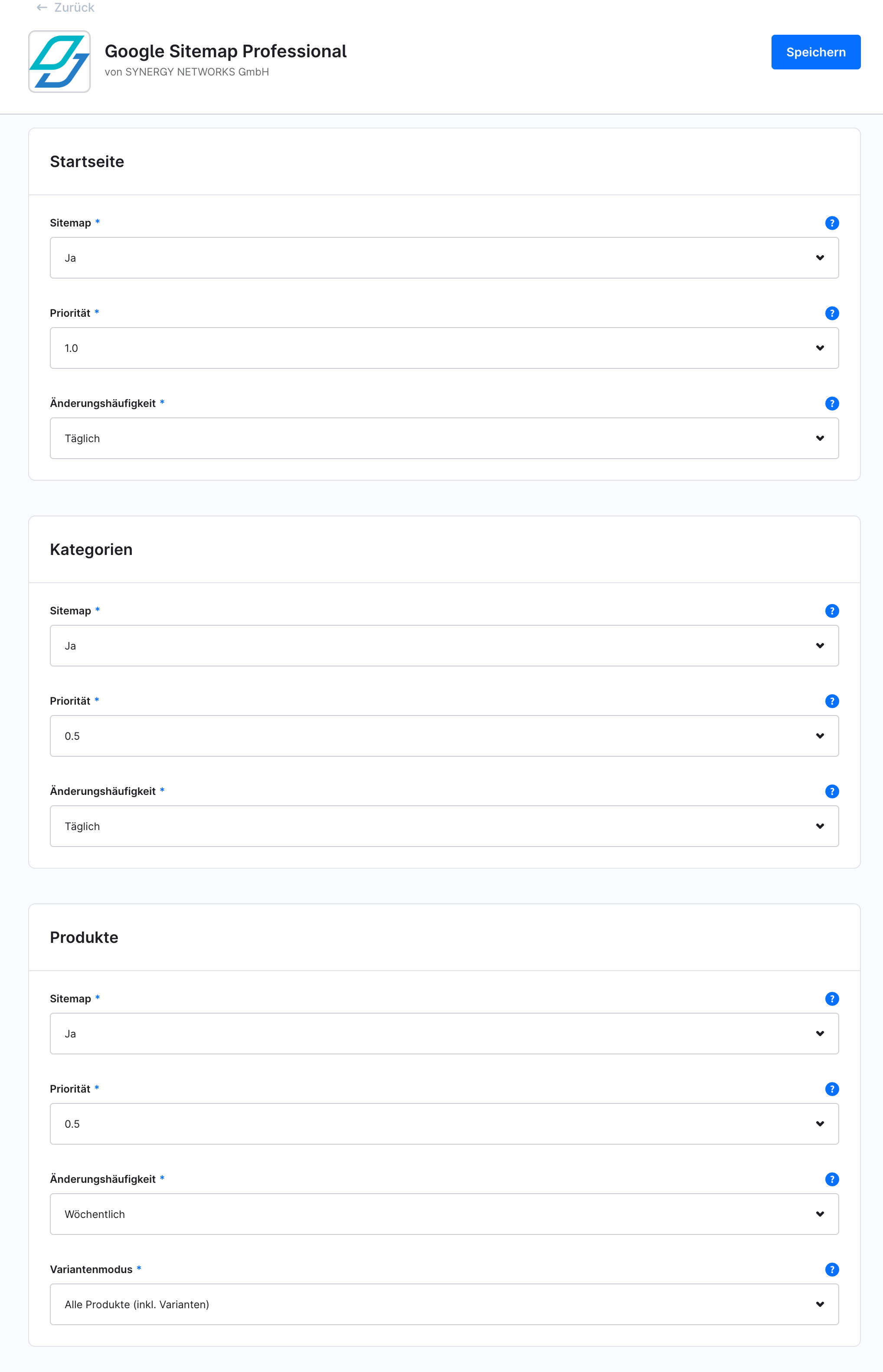 Sitemapinstellingen per contenttype in de pluginconfiguratie: homepage, categorieën en producten met prioriteit en wijzigingsfrequentie