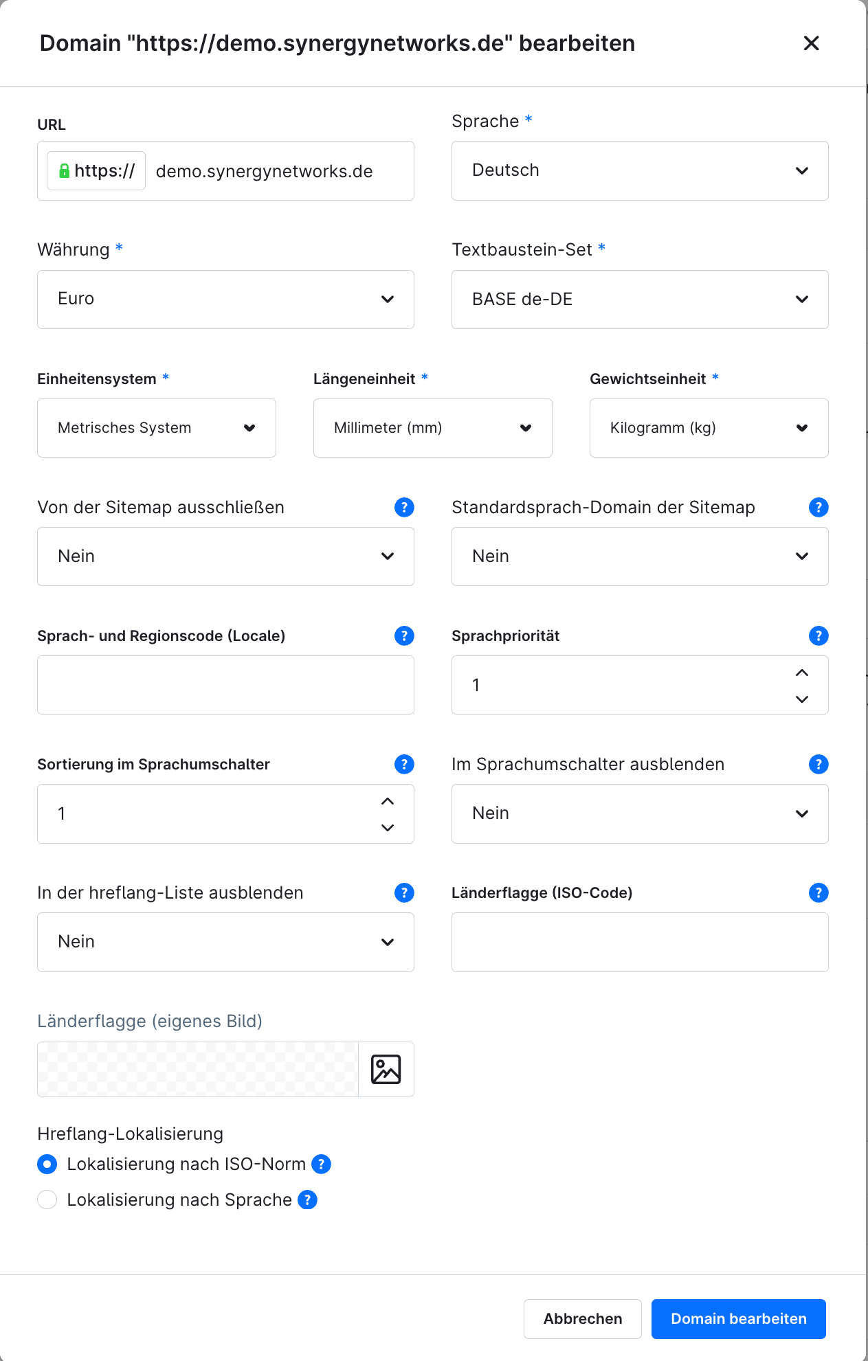 Domeininstellingen van de plugin: taal- en regiocode, x-default, sortering in de taalkiezer en eigen landvlaggen